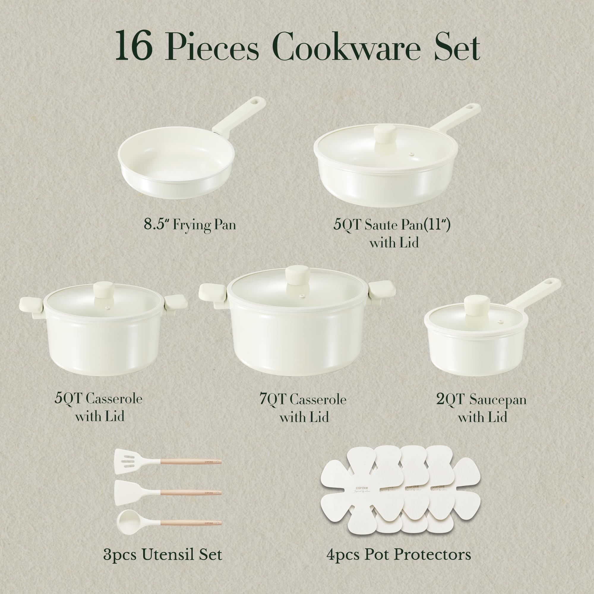 Foto 2 | Juego De Utensilios De Cocina Carote, Cerámica, Antiadherente, 16 Piezas, Color Blanco Crema - Venta Internacional.