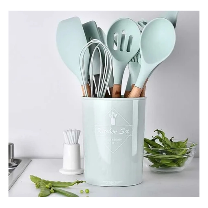 Foto 2 pulgar | Juego De Utensilios De Cocina De Silicona, 10 Piezas Con Madera, Color Verde - Venta Internacional.