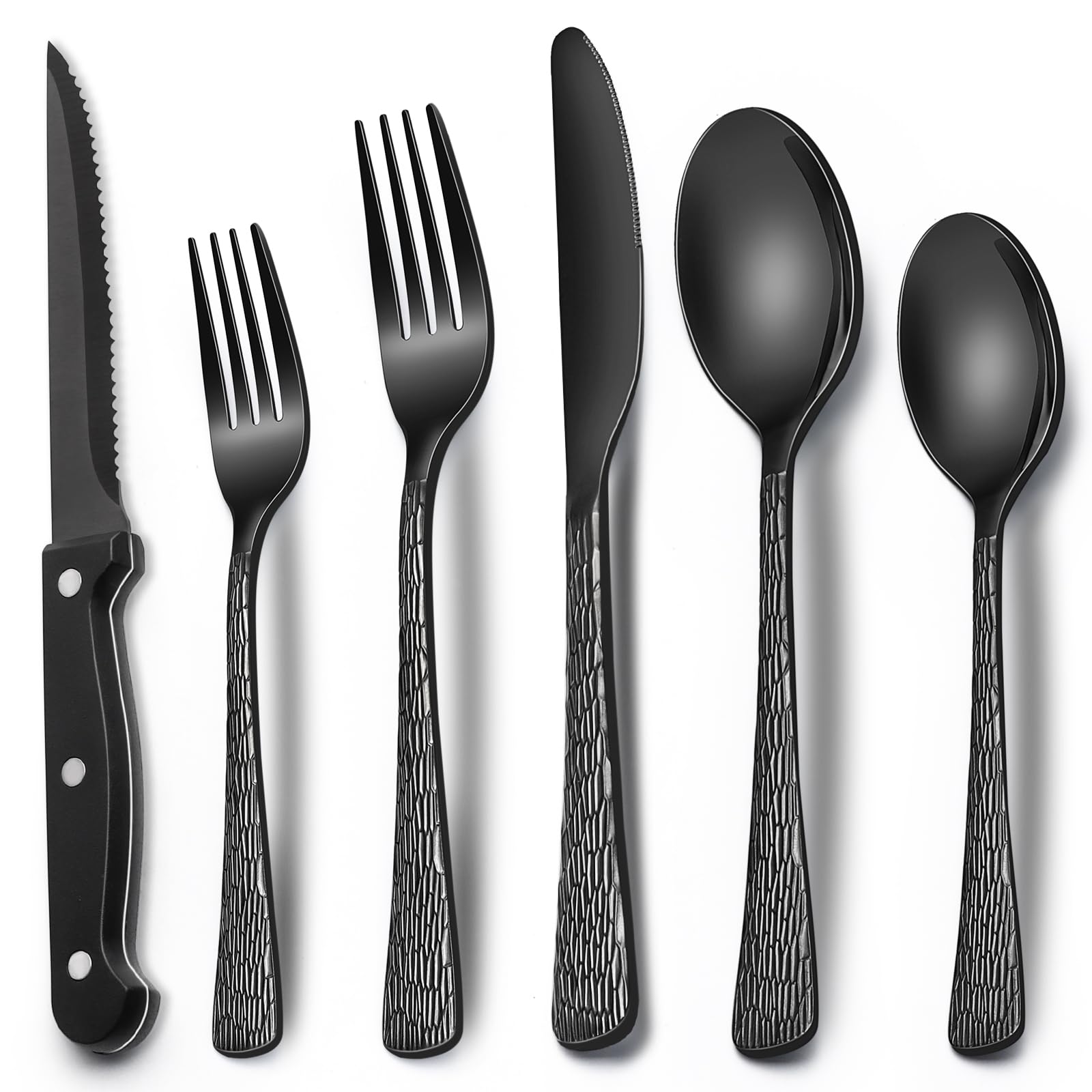 Foto 2 pulgar | Juego De Cubiertos Ewfen, Cubiertos Martillados Negros, 24 Piezas Para 4 - Venta Internacional.