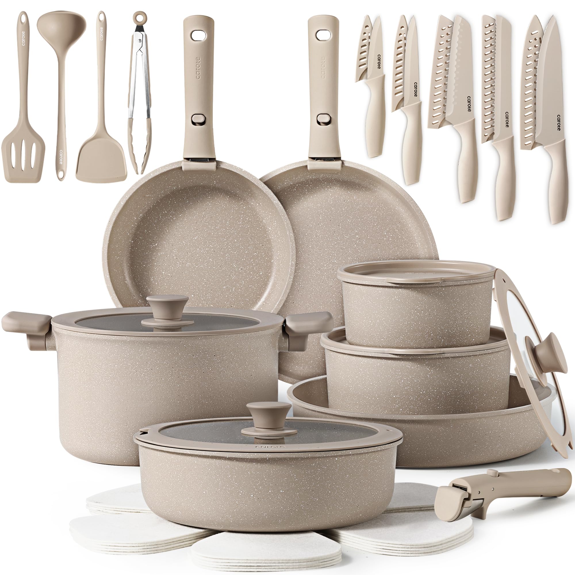 Juego De Utensilios De Cocina Carote, 35 Piezas, Antiadherentes Y Juego De Cuchillos, Color Topo - Venta Internacional.