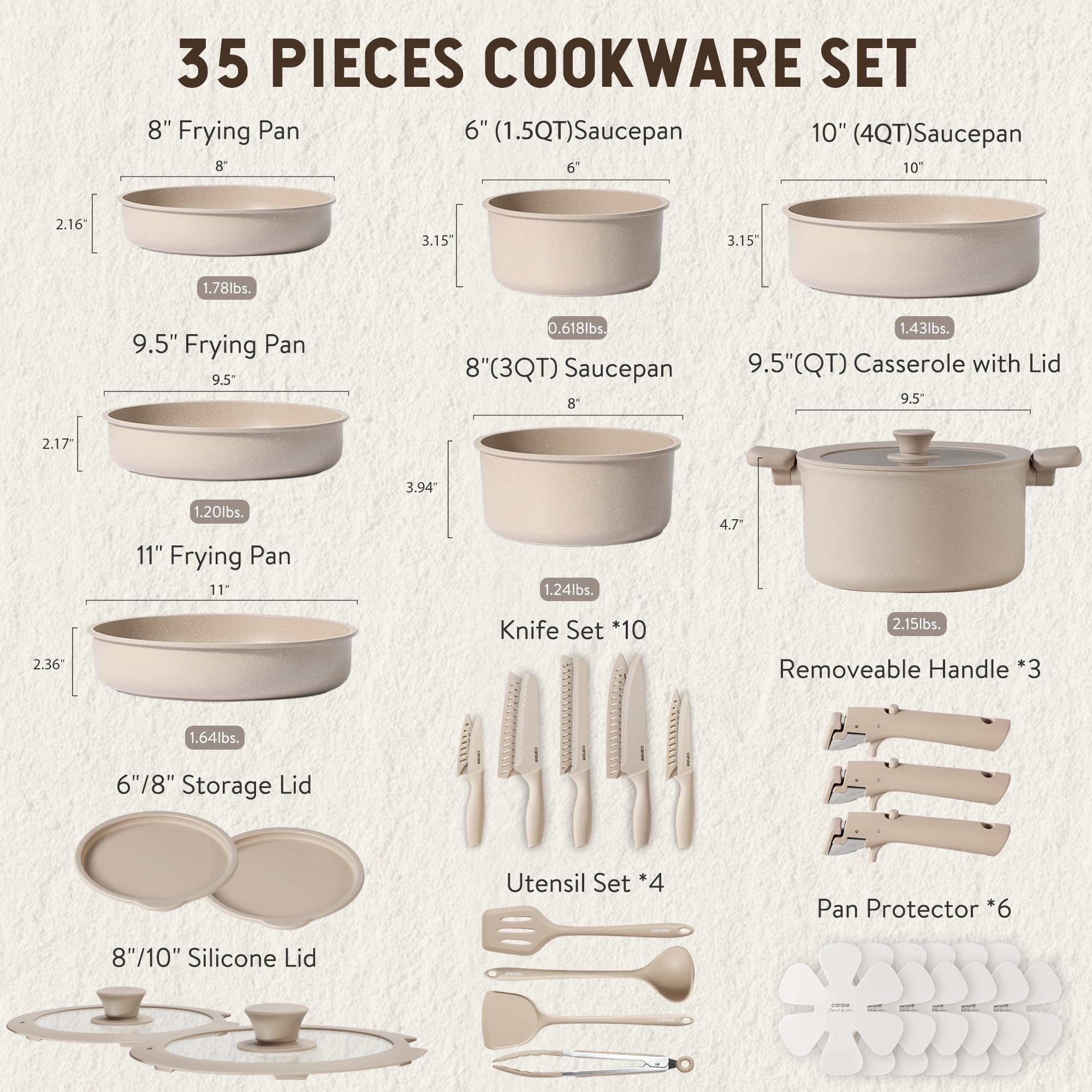Foto 2 | Juego De Utensilios De Cocina Carote, 35 Piezas, Antiadherentes Y Juego De Cuchillos, Color Topo - Venta Internacional.