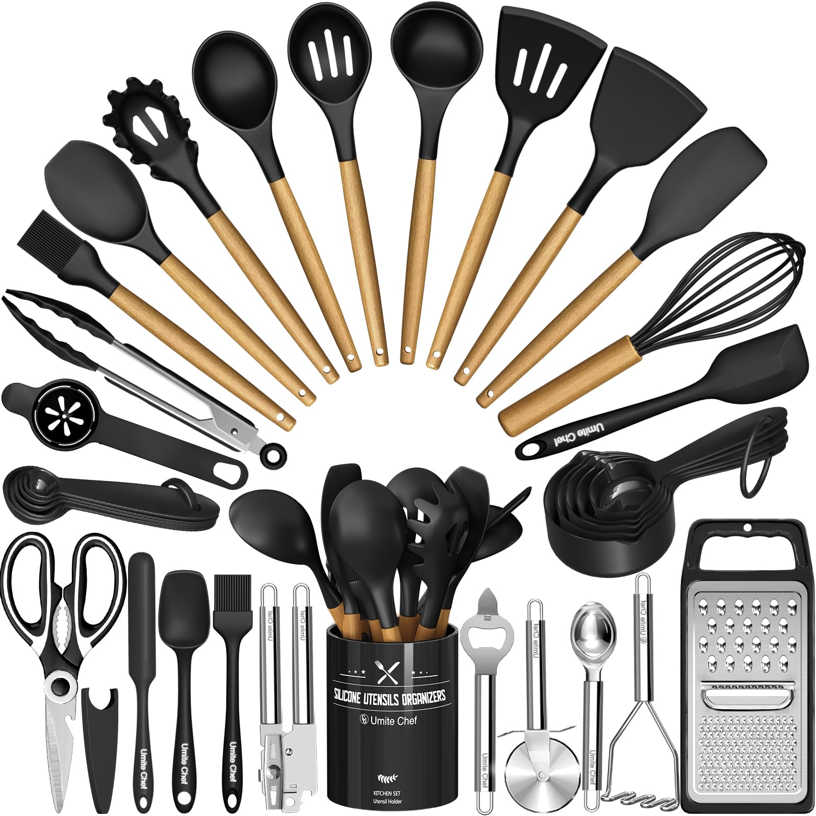 Juego De Utensilios De Cocina Umite Chef  34 Piezas De Silicona Con Soporte  Color Negro - Venta Internacional.