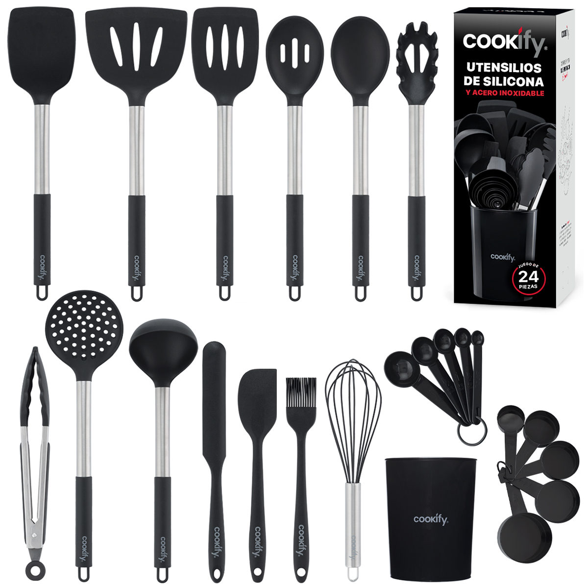 Foto 1 | Juego De Utensilios De Cocina Cookify De Silicona Y Acero Inoxidable  Negro- Plata  24 Piezas