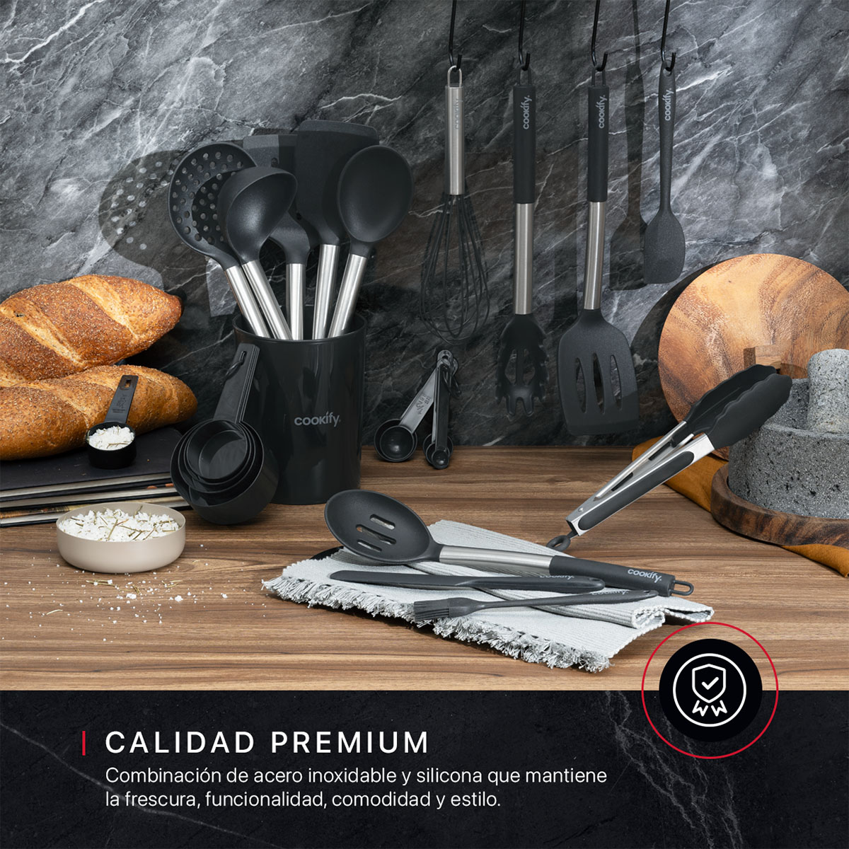 Foto 3 pulgar | Juego De Utensilios De Cocina Cookify De Silicona Y Acero Inoxidable  Negro- Plata  24 Piezas