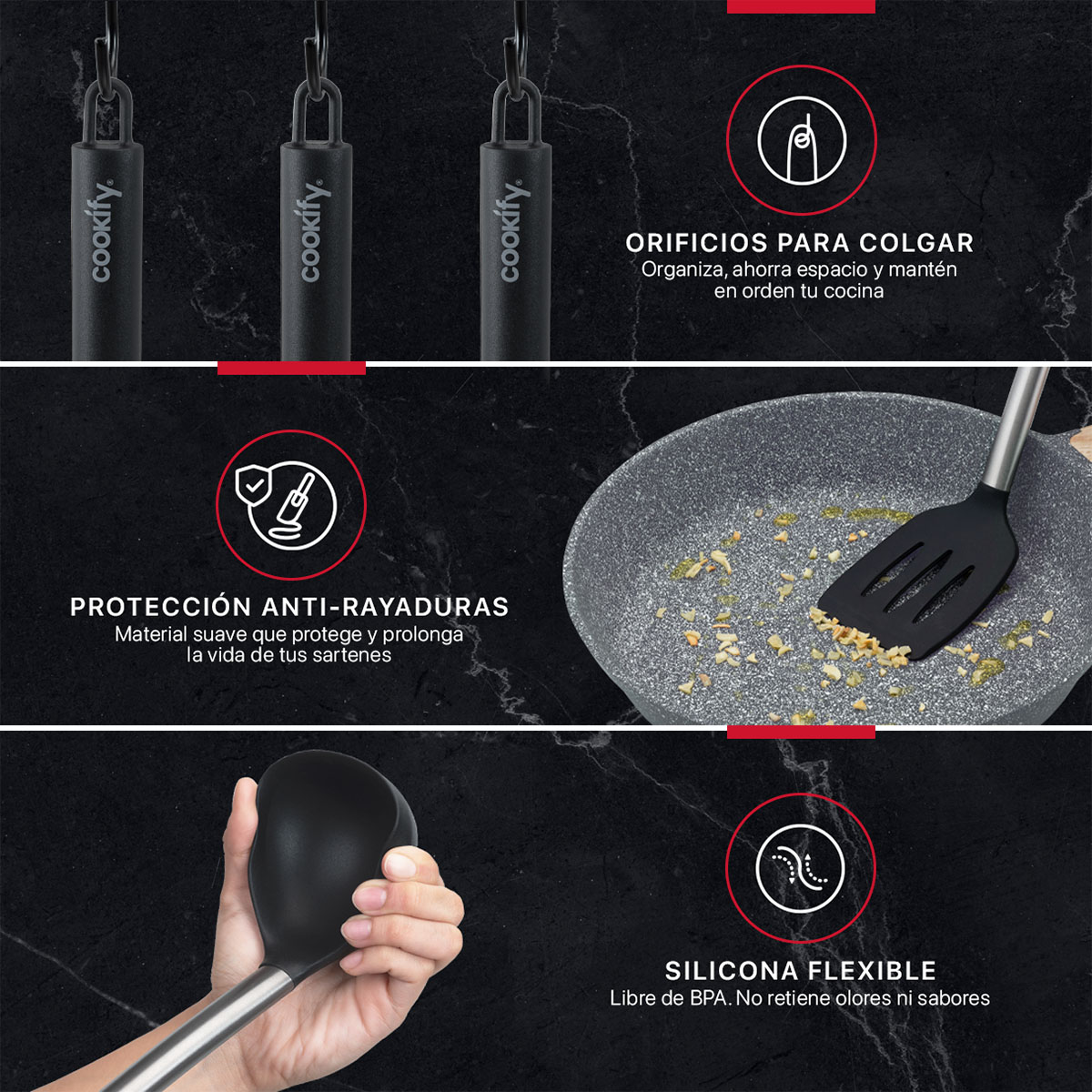 Foto 4 | Juego De Utensilios De Cocina Cookify De Silicona Y Acero Inoxidable  Negro- Plata  24 Piezas