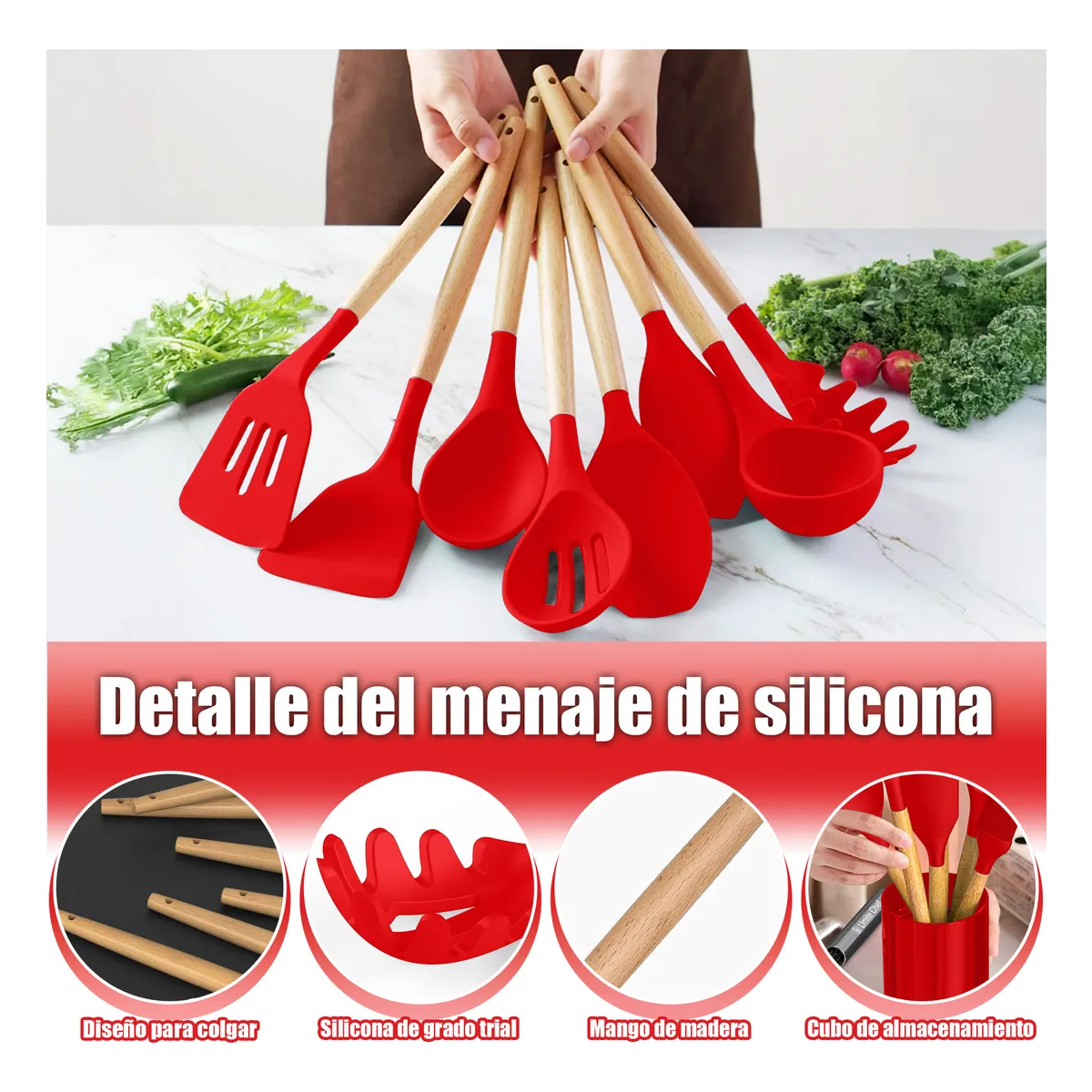 Foto 3 pulgar | Silicona Utensilios De Cocina Espatulas Reposteria Eo Safe Imports Esi-20655 Rojo
