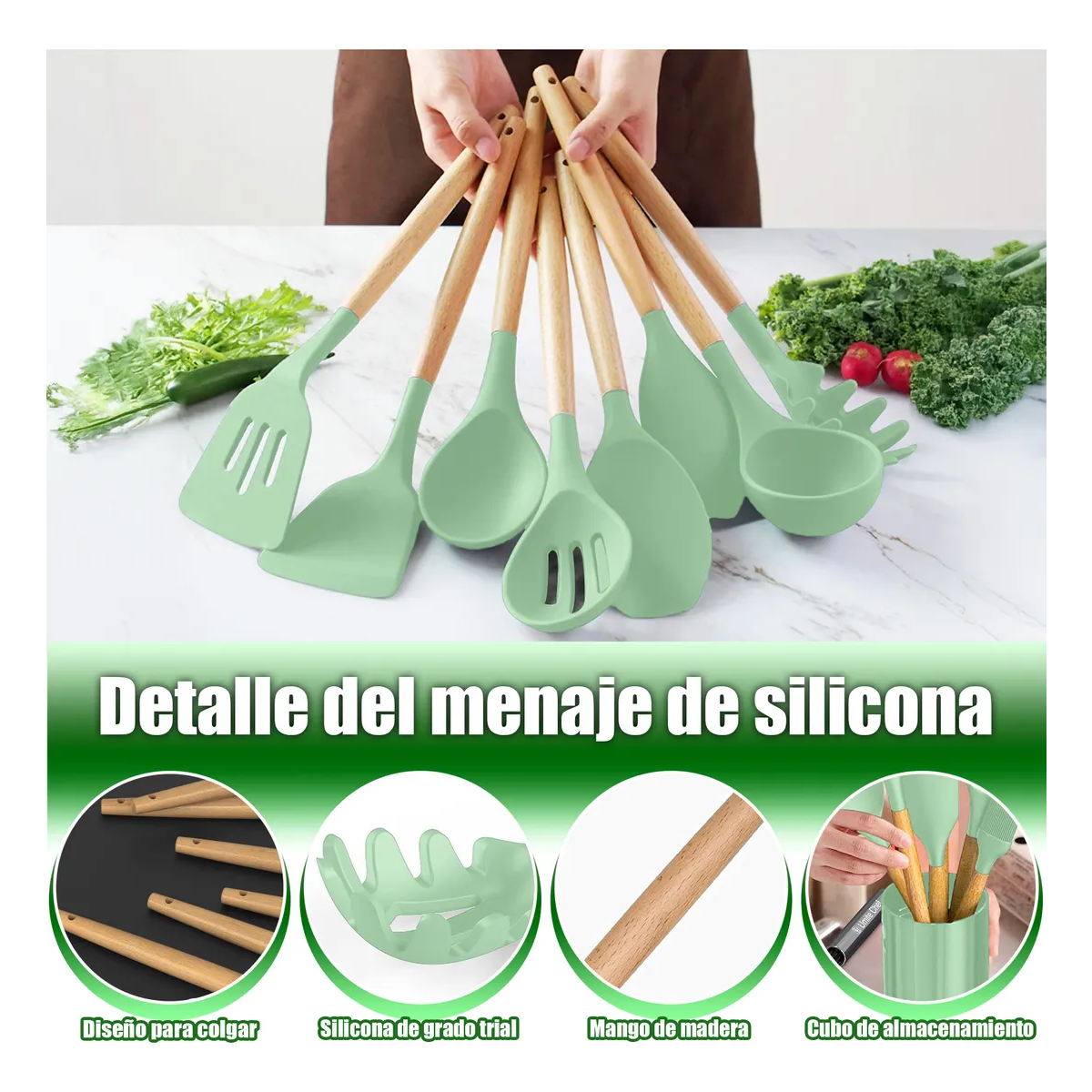 Foto 3 pulgar | Silicona Utensilios De Cocina Espatulas Reposteria Eo Safe Imports Esi-20657 Verde