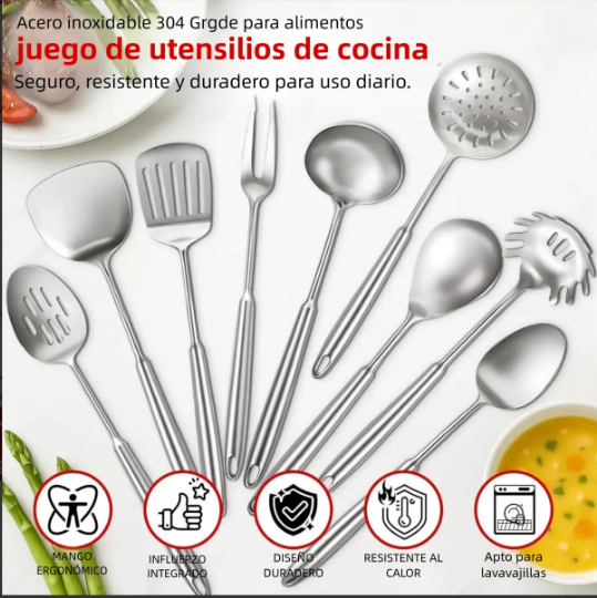 Foto 4 pulgar | Juego Utensilios Cocina Acero Inoxidable 9 Piezas Duradero