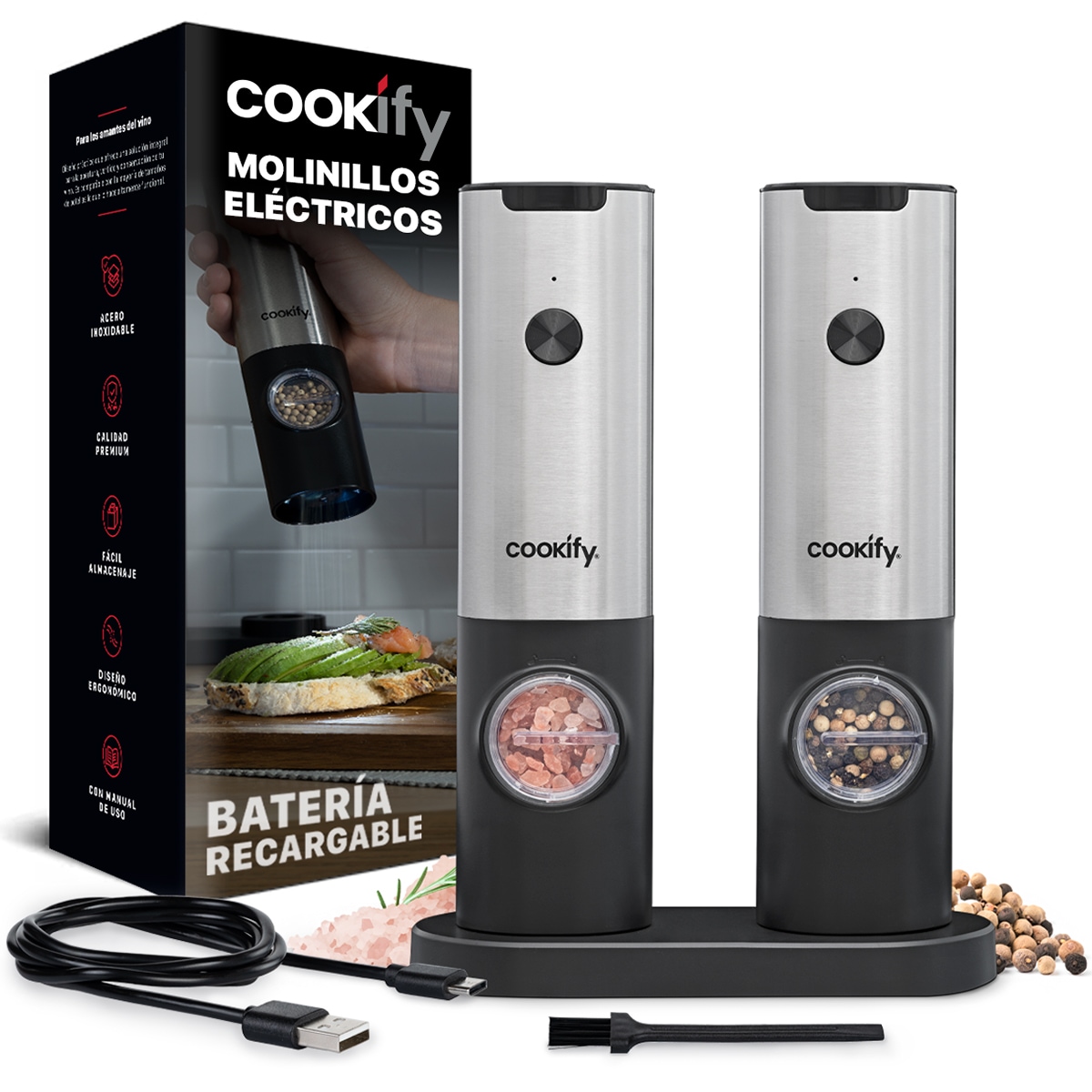 Molinillo Eléctrico De Sal Y Pimienta Cookify Recargable $530