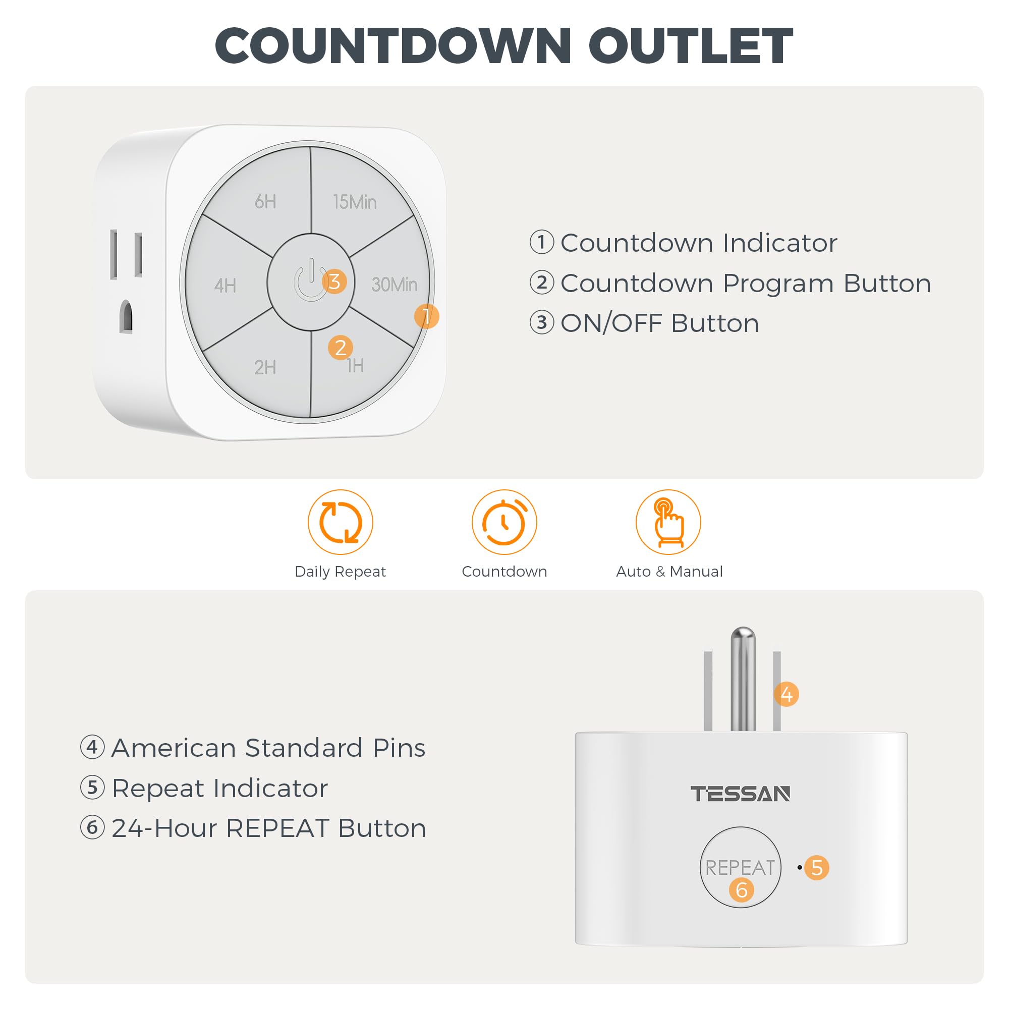 Foto 2 | Timer Outlet Tessan, Temporizador De Cuenta Regresiva Para Enchufe Eléctrico, 1875 W - Venta Internacional.