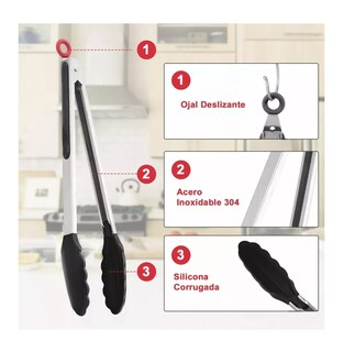 Foto 5 | Pinzas de Acero Inoxidable y Silicona para Cocina 3 Piezas color Negro
