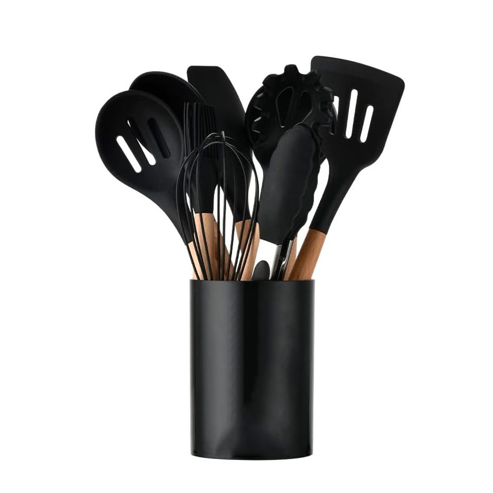 Set de 12 Utensilios de Cocina de Silicona Resistente al Calor con Mango de Madera