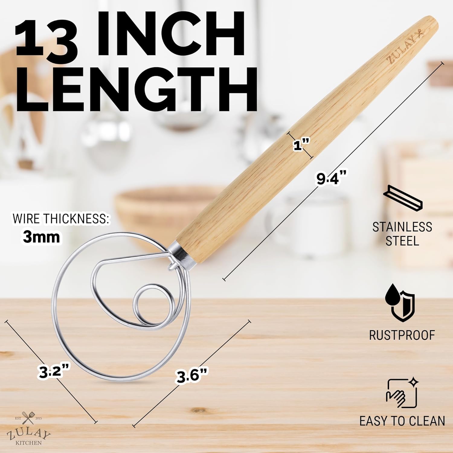 Foto 3 pulgar | Batidor de Masa Danés Zulay Kitchen de Madera con Acero Inoxidable - Venta Internacional