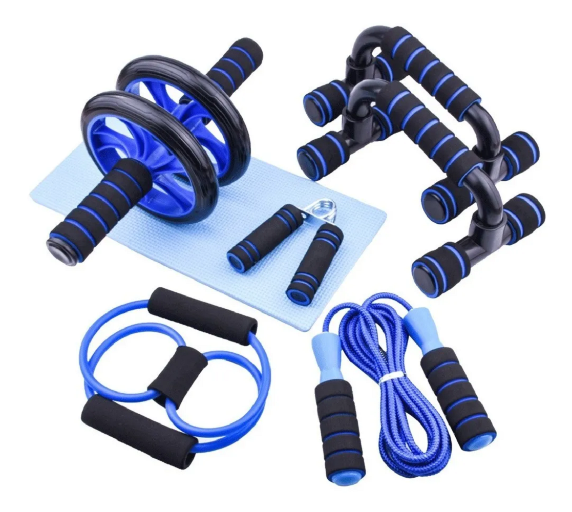 Kit Ejercitador Malubero color Azul Incluye Rodillo Abdominal/Barras Push-up/Cuerda/Ejercitador Mano y Almohadilla