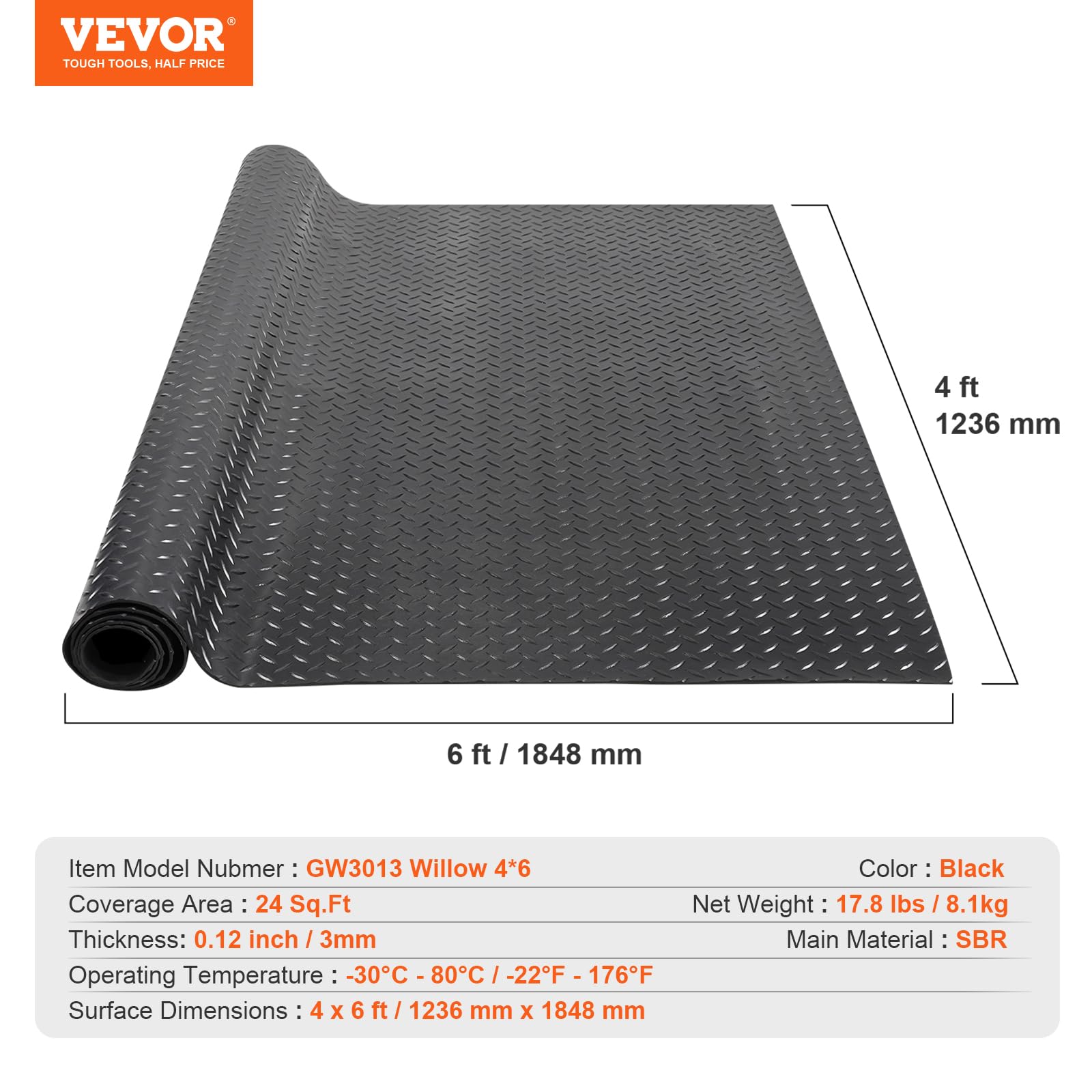 Foto 8 pulgar | Rollo De Caucho Para Pisos Vevor Con Placa De Diamante De 3 Mm X 1,2 M X 1,8 M - Venta Internacional.