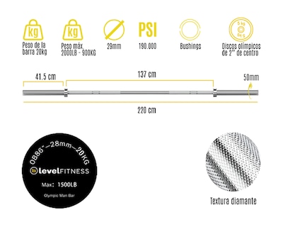 Foto 3 | Barra Olímpica Level Fitness RA color Plata 20 KG