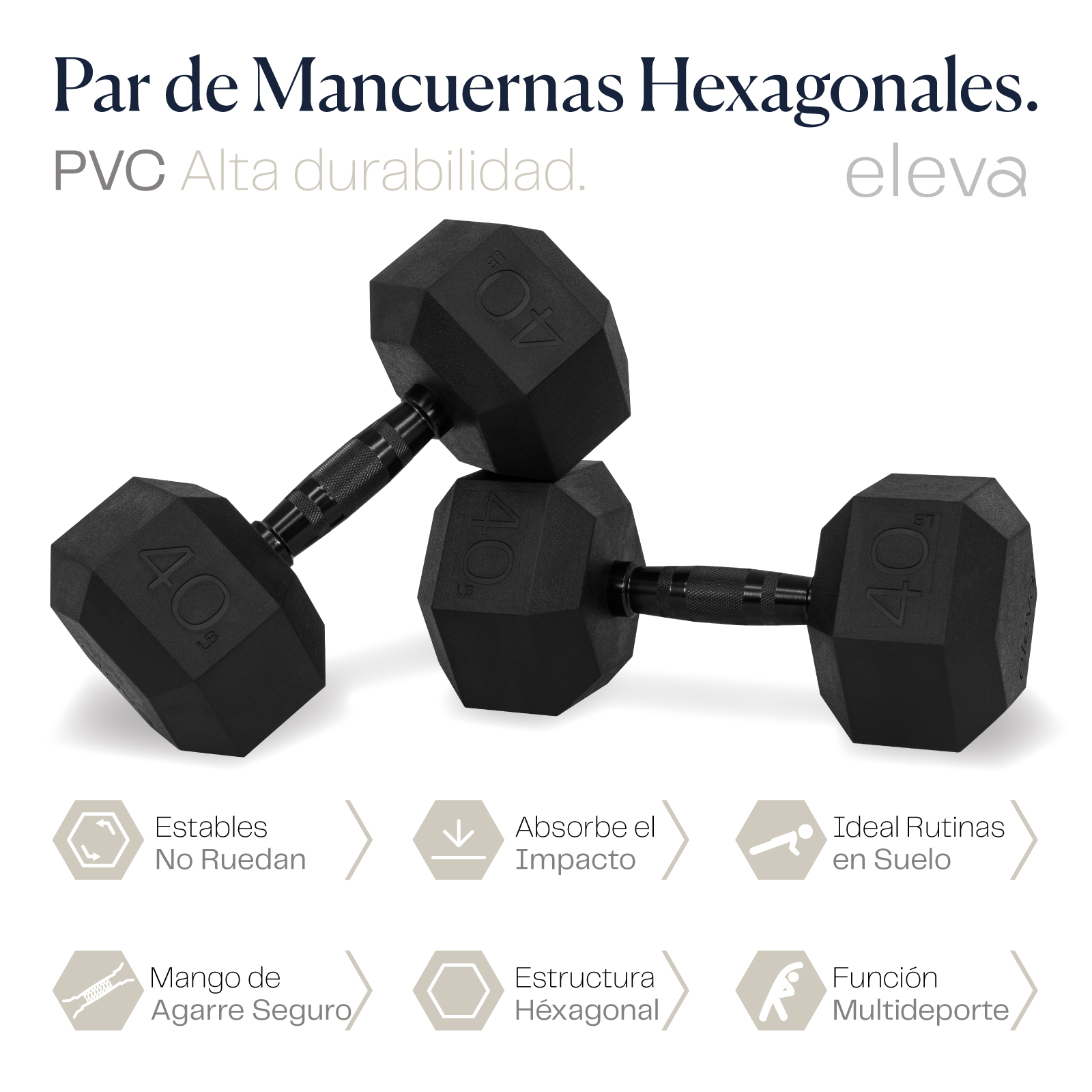 Foto 3 pulgar | Juego de Mancuernas Eleva 2MH color Negro Cromadas Hexagonal 40 LB con 2 PZAS