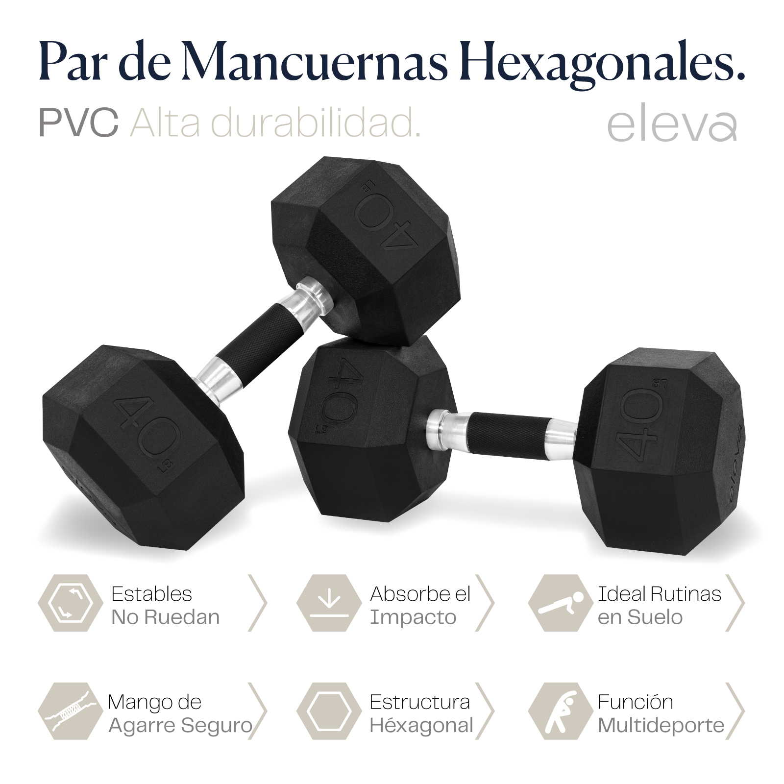 Foto 3 pulgar | Mancuernas Eleva Hexagonal color Plata 40 Lb 2 Piezas
