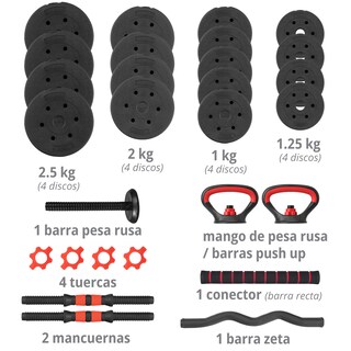 Foto 2 | Set De Mancuernas De 27 Kg Altera Al-30 C/ Peso Ajustable 17 Discos Intercambiable Mas Pesa Rusa Y Barra Recta Color Ro