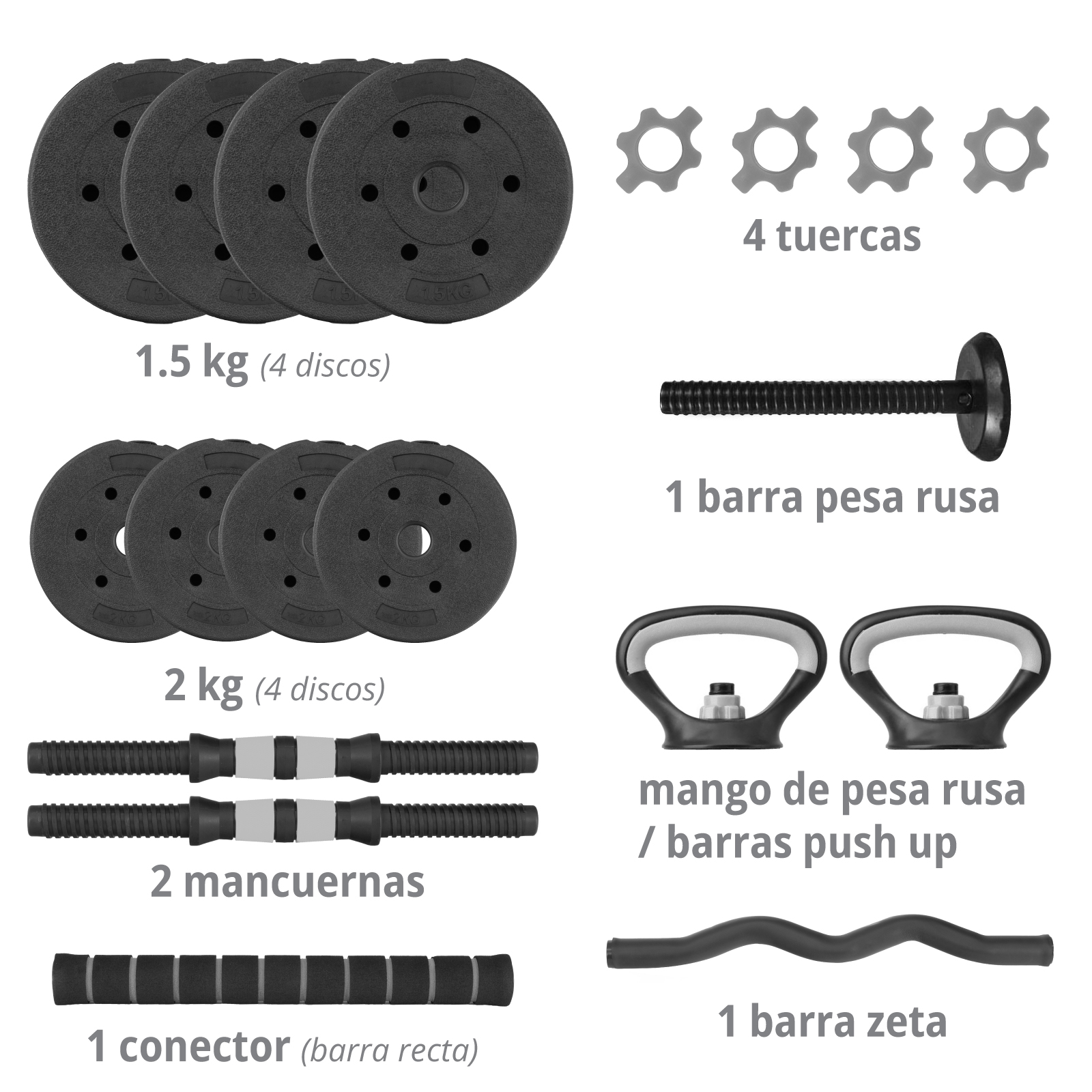 Foto 2 | Set De Mancuernas De 14 Kg  Altera Al-15 C/ Peso Ajustable 8 Discos Intercambiable Mas Pesa Rusa Y Barra Recta Color Gr