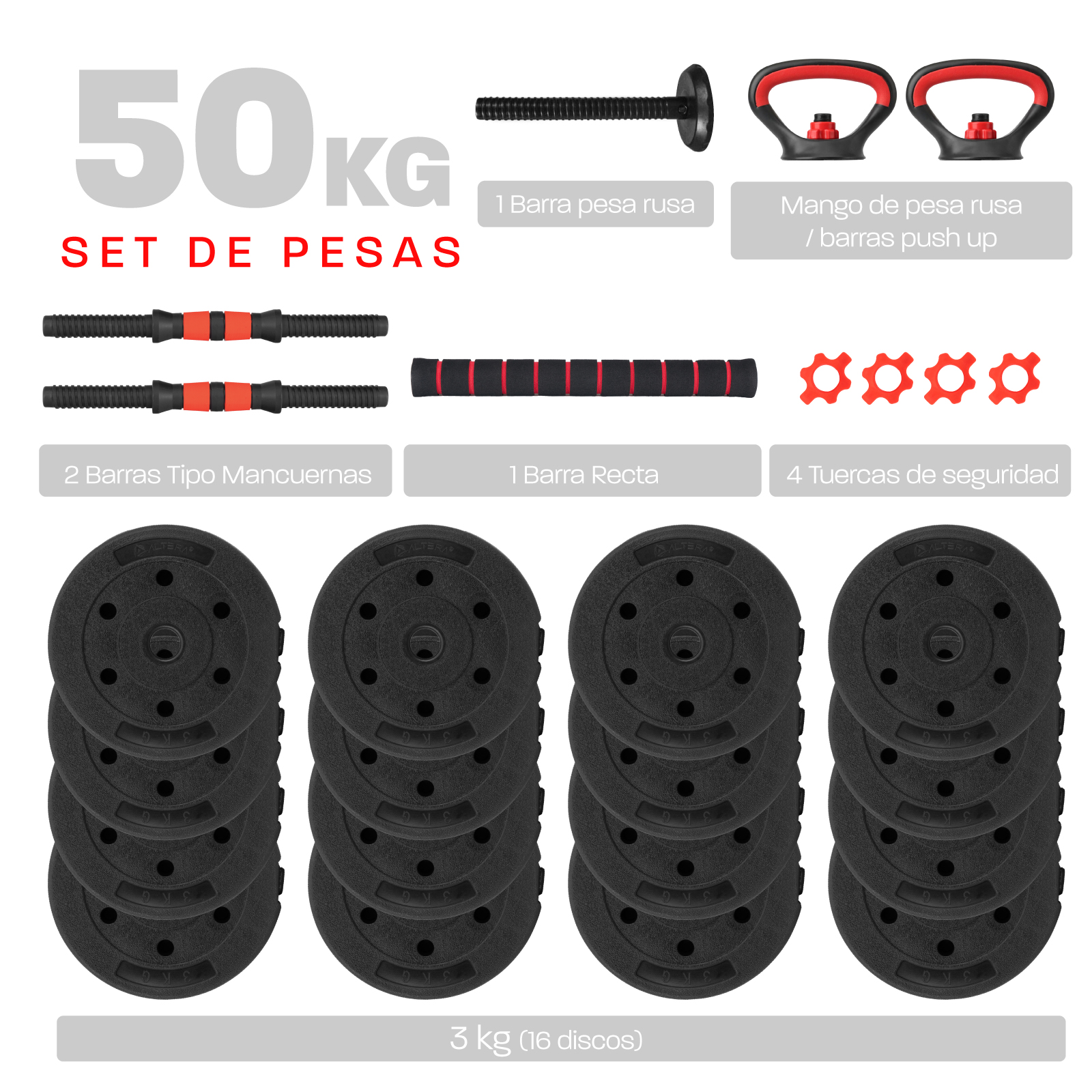 Foto 3 pulgar | Mancuerna Ajustable Altera Al-r50 con Discos Intercambiables y Pesa Rusa 50kg