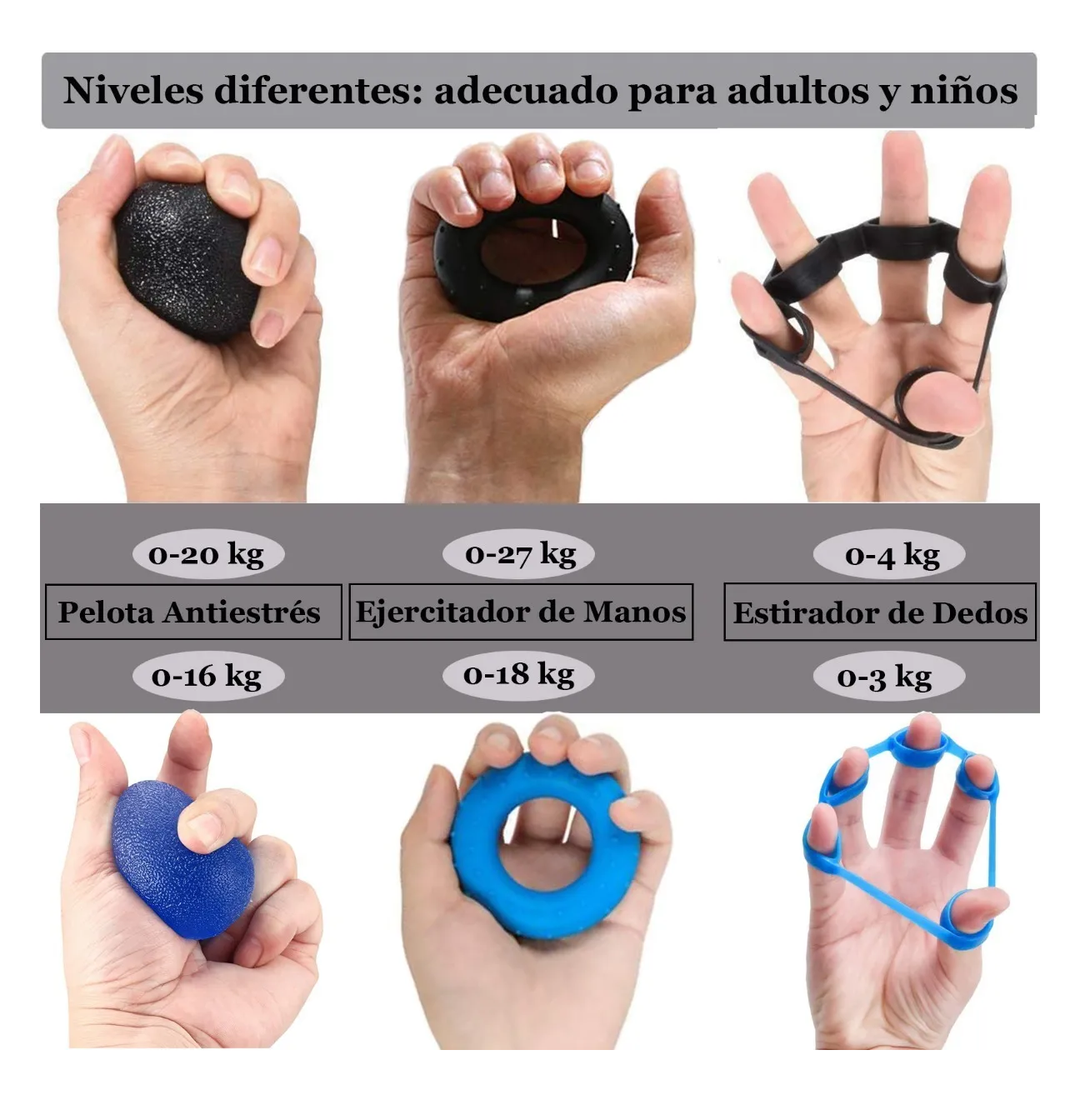 Foto 3 pulgar | Ejercitador de Mano y Dedos Malubero color Negro Kit Pelota Antiestrés 6 Piezas