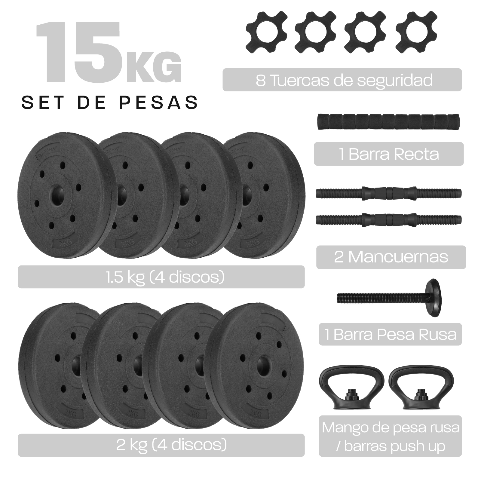 Foto 3 pulgar | Set Mancuernas Altera Discos Ajustables + Pesa Rusa 15 kg color Negro