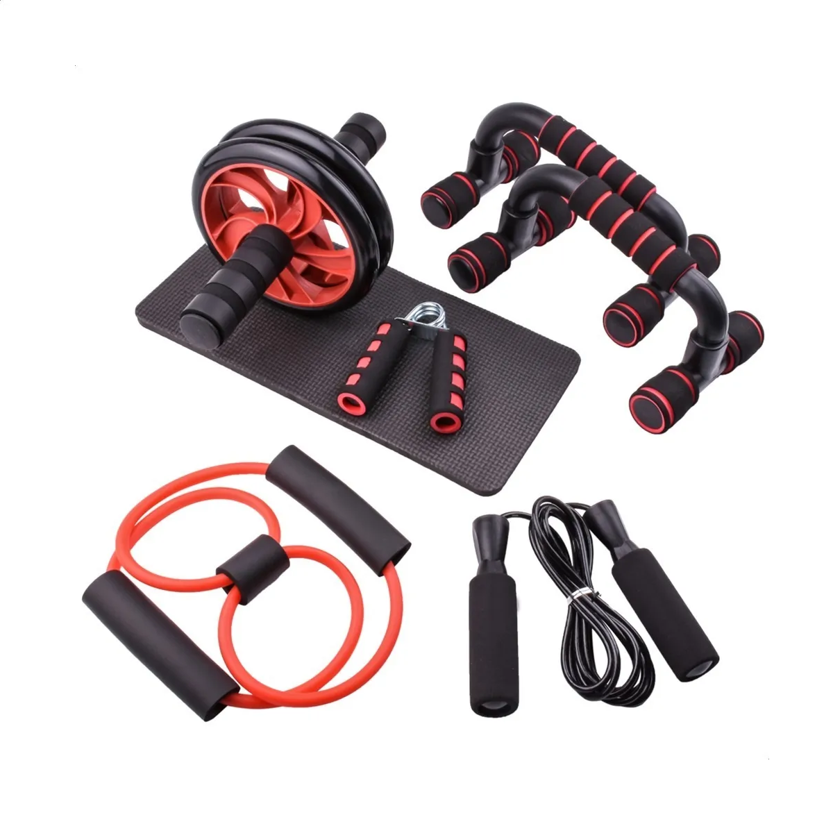 Foto 1 | Kit Rodillo Abdominal, Barras Push-up, Cuerda y Ejercitador Mano color Rojo con Negro