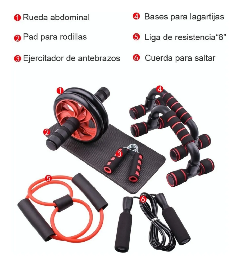 Foto 3 pulgar | Kit Rodillo Abdominal, Barras Push-up, Cuerda y Ejercitador Mano color Rojo con Negro