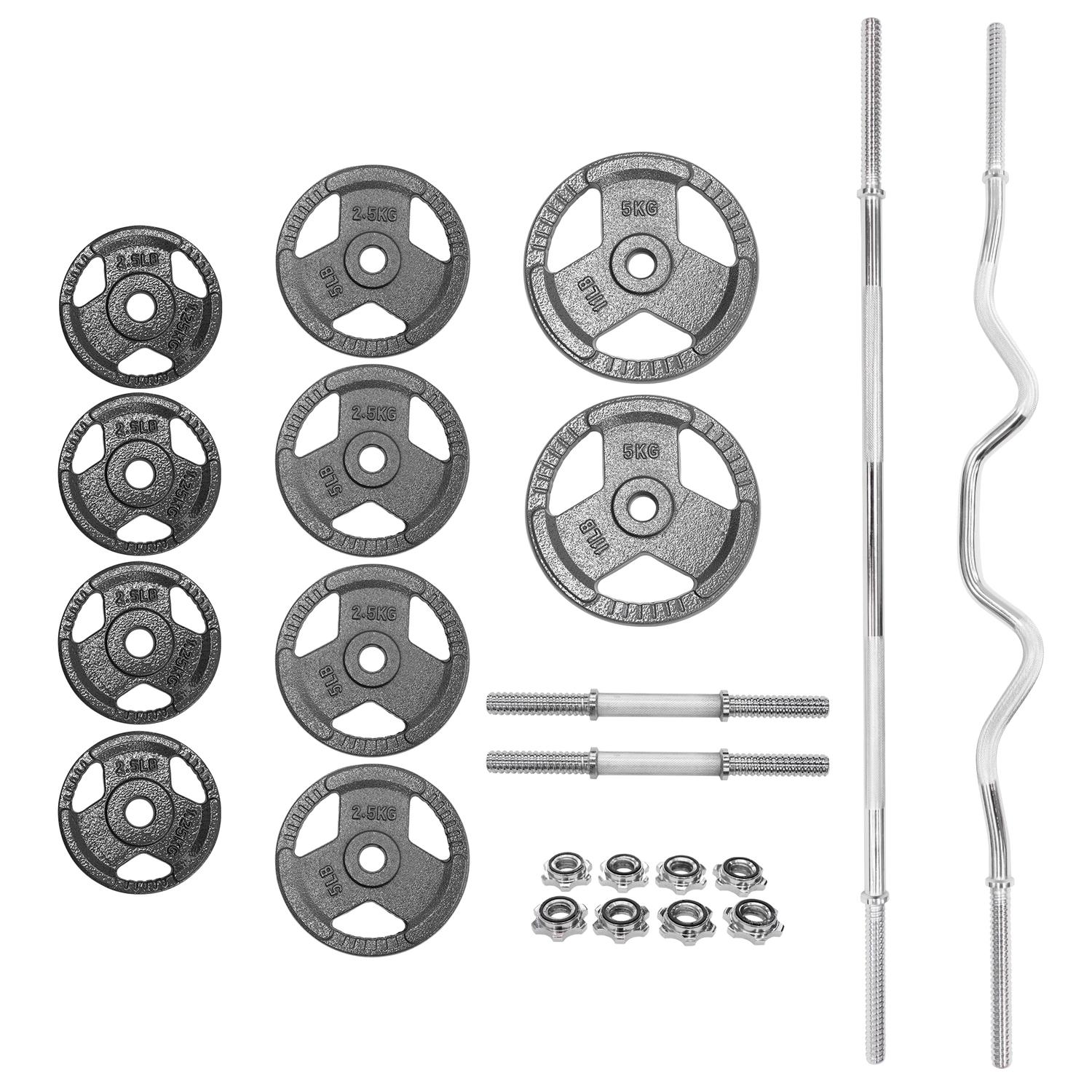 Kit de Pesas Barra Z Mancuernas Barra Plana Set de Discos color Plateado