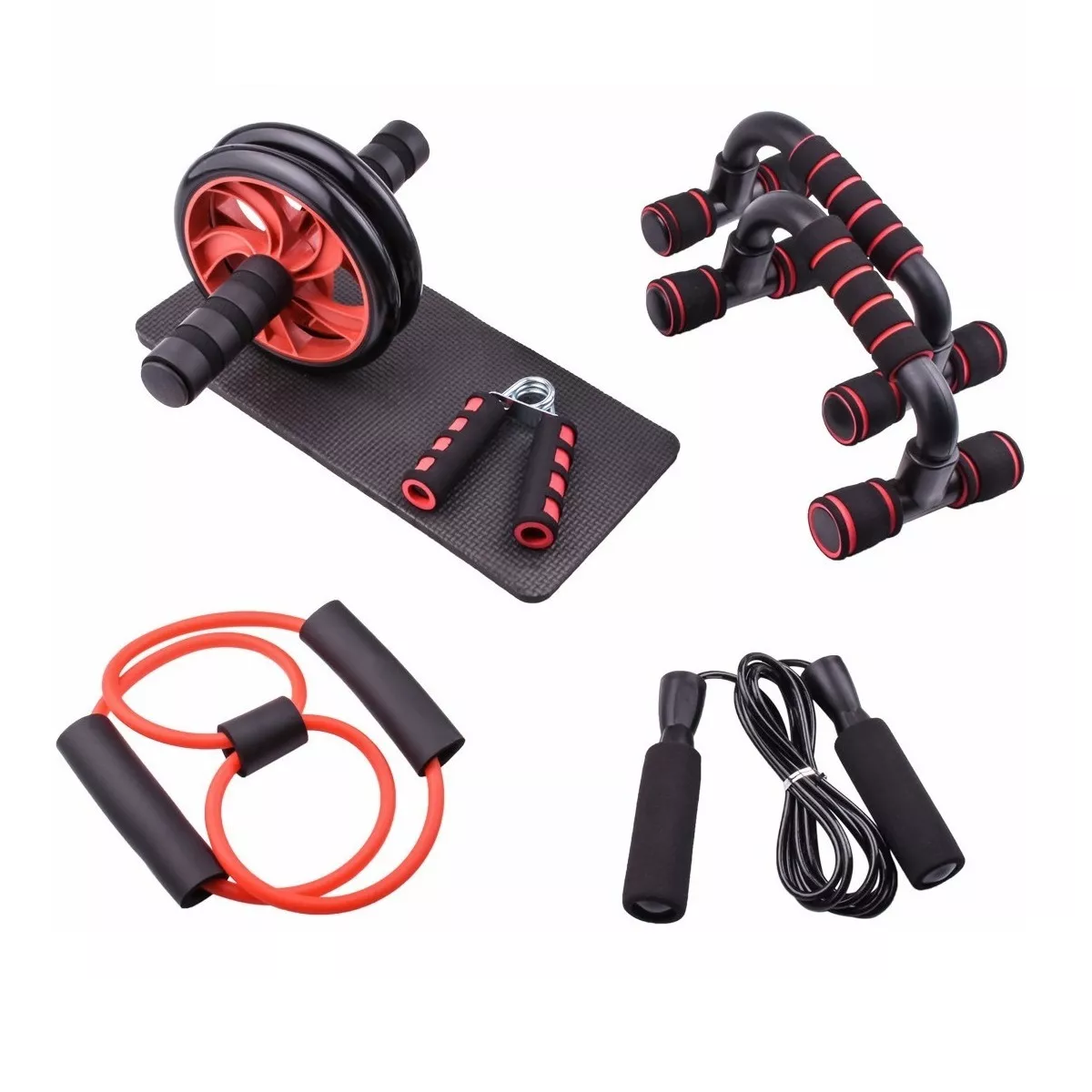 Set para Ejercicio Rodillo Abdominal Barras Push-up Cuerda y Ejercitador de Mano Eo Safe Imports Esi-783