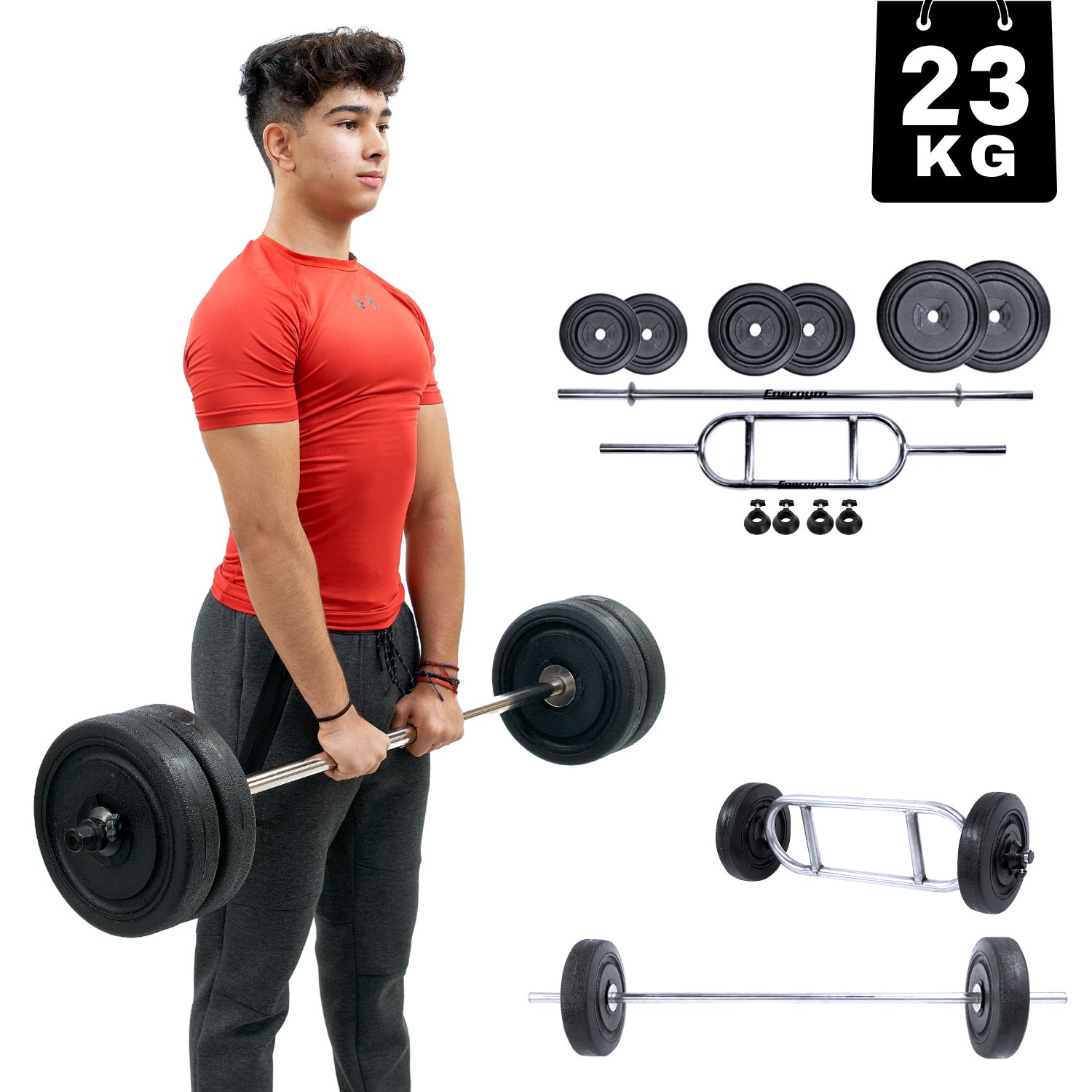 Kit De Pesas Barra Recta, Barra Z Y Discos (23 Kg) - Energym