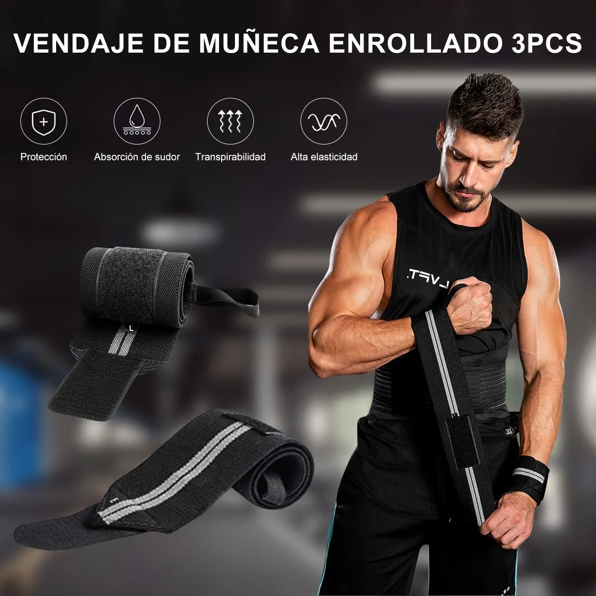 Foto 3 pulgar | Par Muñequeras Crossfit Gym Pesas Gimnasio 2pares Lab.g Negro Linea Gris