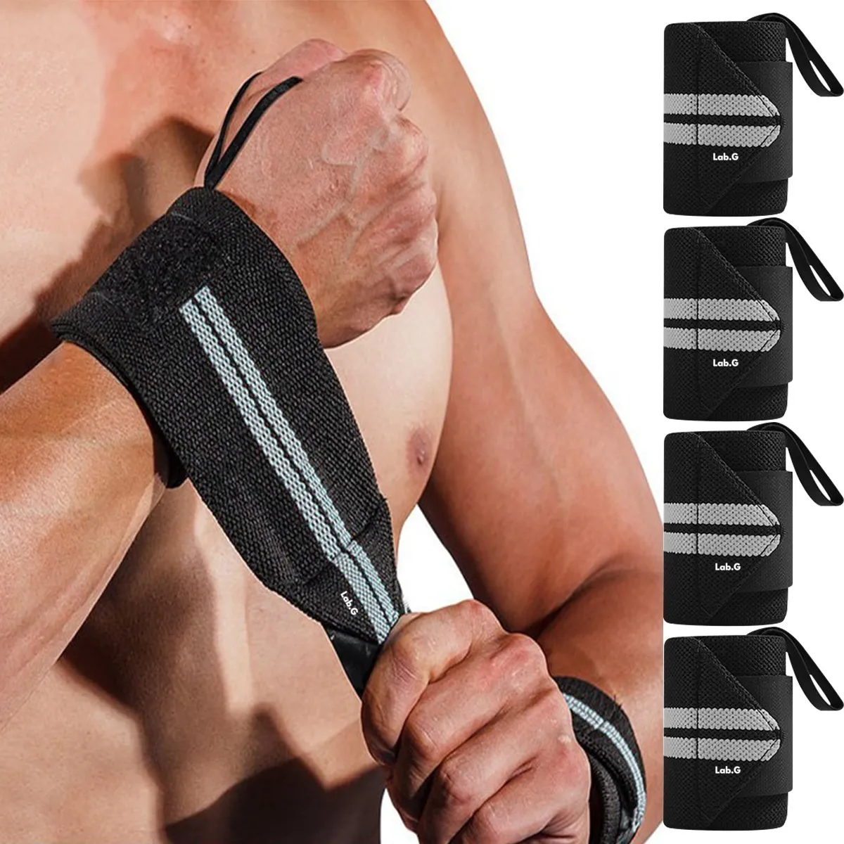 Foto 5 pulgar | Par Muñequeras Crossfit Gym Pesas Gimnasio 2pares Lab.g Negro Linea Gris