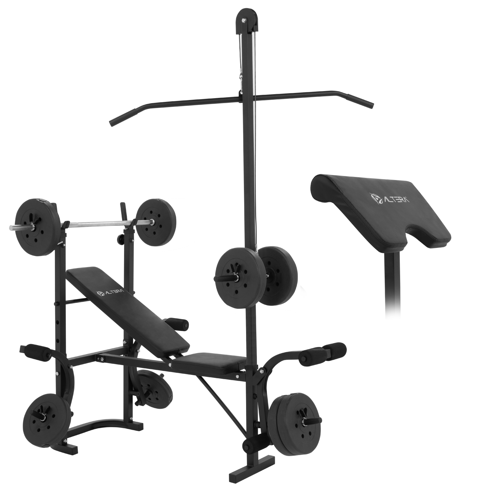 Banco de Ejercicio Fitness Altera Lionset Kit Multifuncional Respaldo  Con Barra y Pesas Integradas Más Polea Color Ne