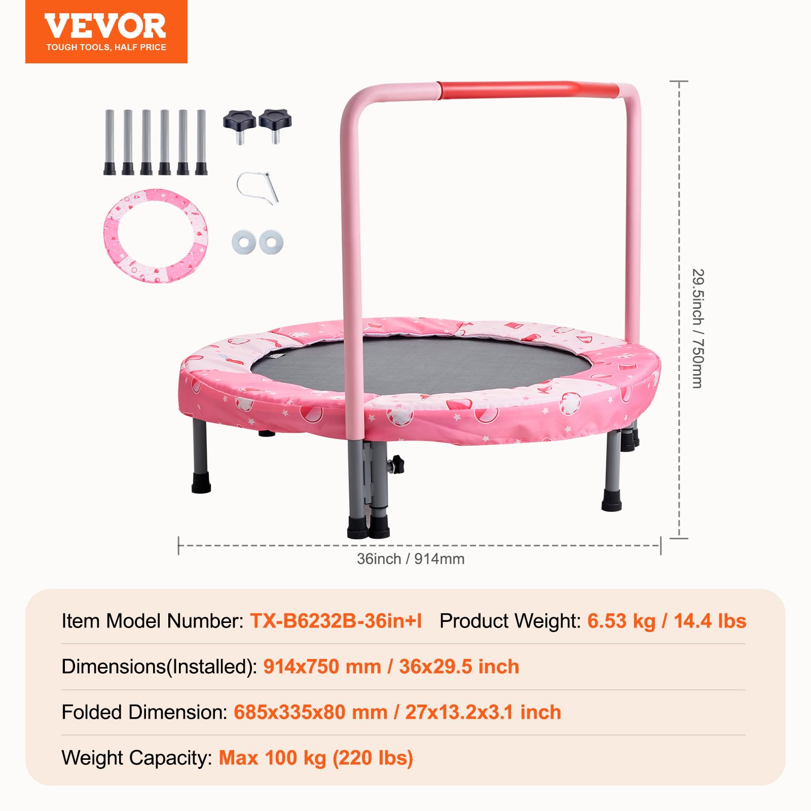 Foto 8 pulgar | Trampolín Vevor 36 Para Niños, Interior/exterior, Con Asa, Color Rojo - Venta Internacional.