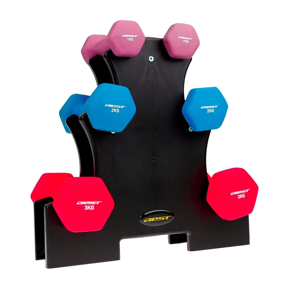 Set Mancuernas Best JY3324 Multicolor Neopreno 6 Piezas 12 kg en Total + Base