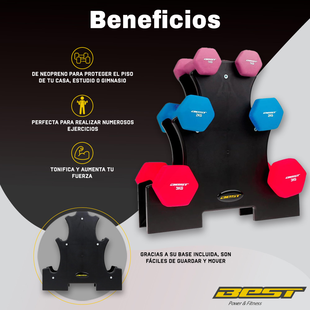 Foto 2 | Set Mancuernas Best JY3324 Multicolor Neopreno 6 Piezas 12 kg en Total + Base