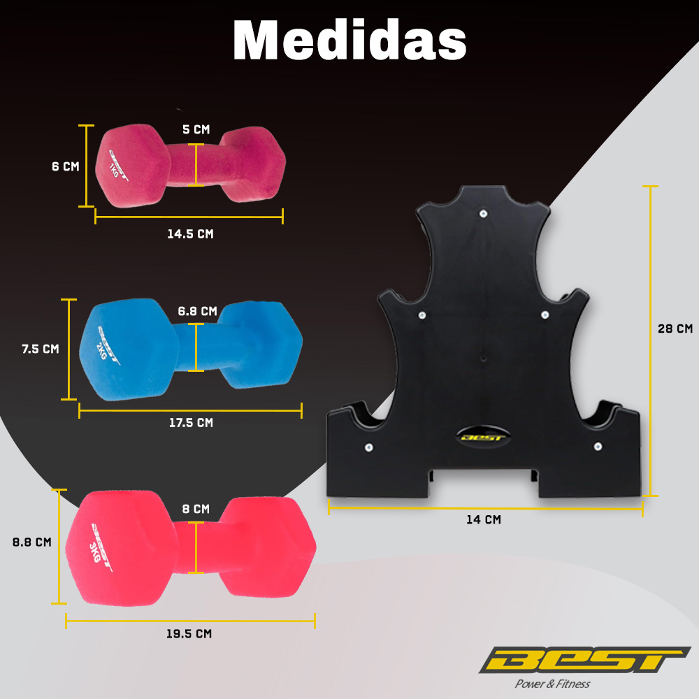 Foto 5 pulgar | Set Mancuernas Best JY3324 Multicolor Neopreno 6 Piezas 12 kg en Total + Base