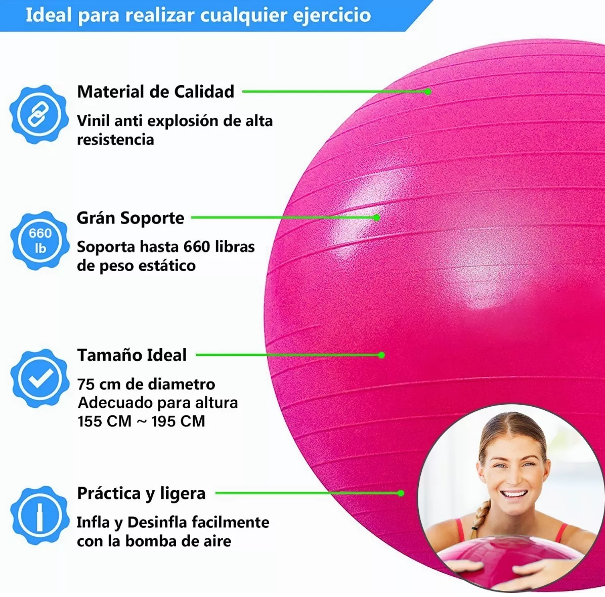 Foto 3 pulgar | Pelota Fitness para Yoga Belung 75 Cm color Rosa