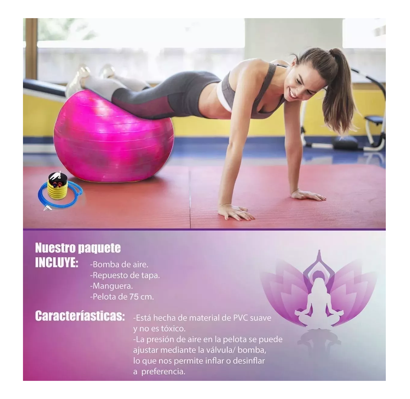 Foto 4 pulgar | Pelota Fitness BELUG de Yoga Acondicionamiento 75 cm con Bomba Rosa