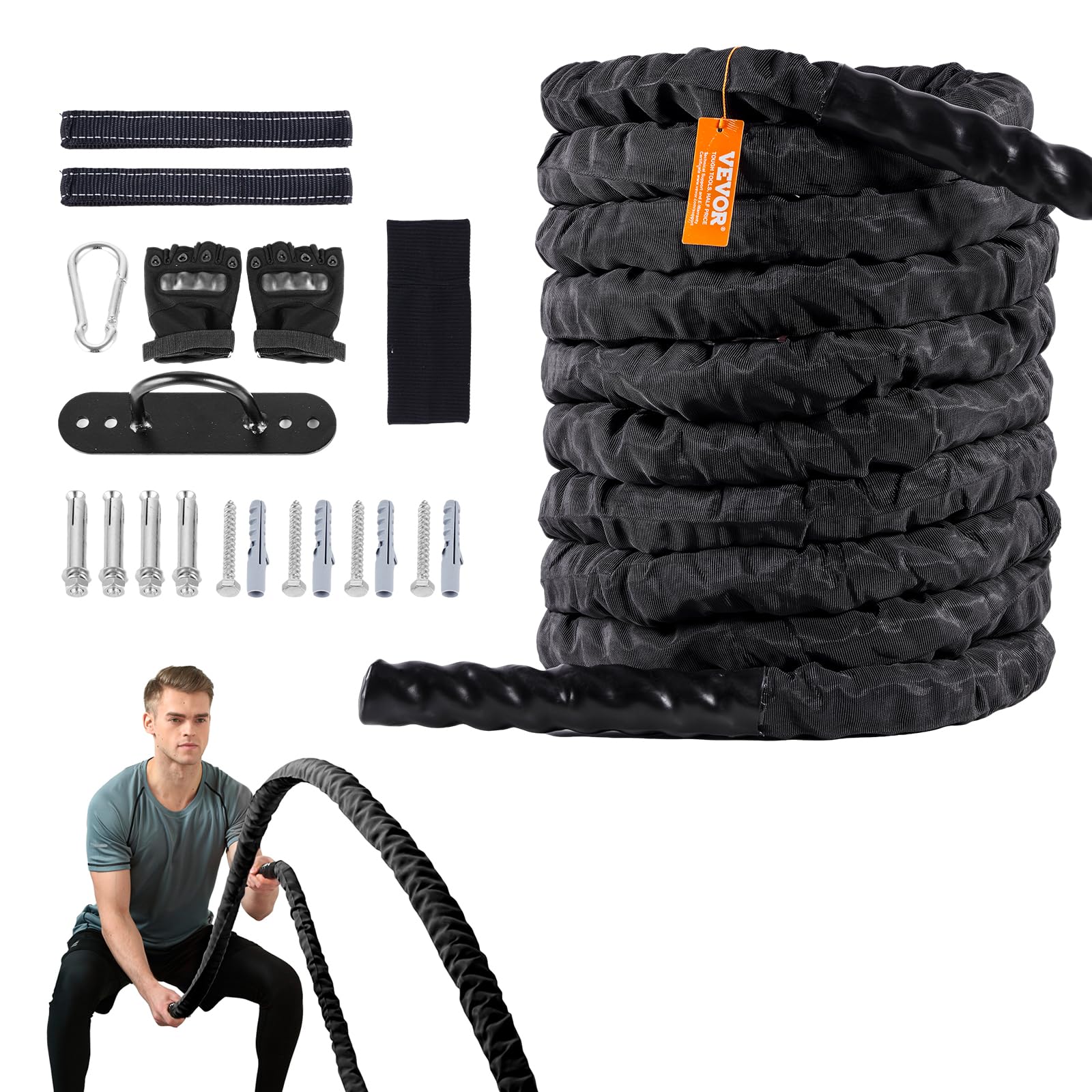 Battle Rope Vevor De Poliéster De 30 Pies Con Funda Protectora Y Gancho - Venta Internacional.