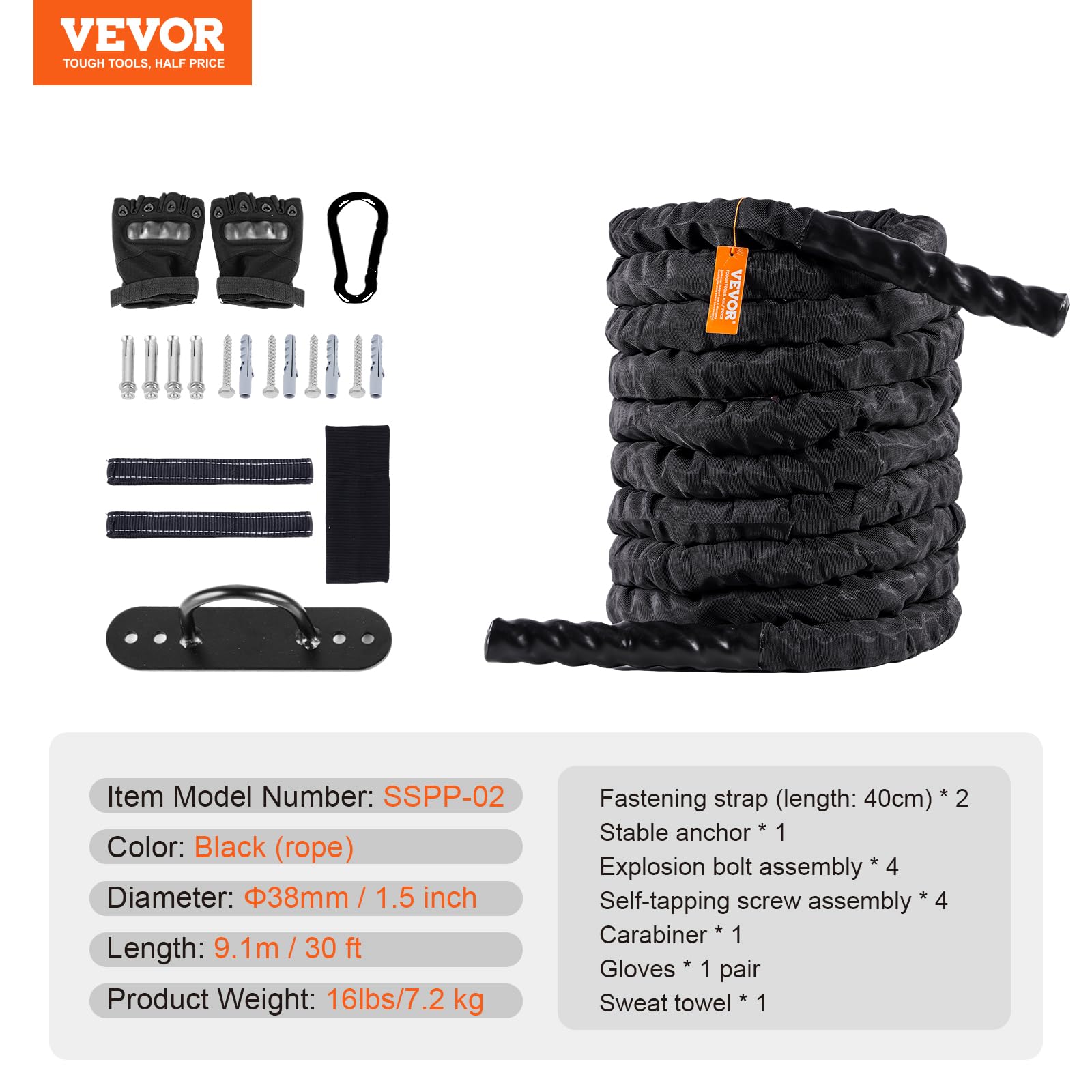 Foto 8 pulgar | Battle Rope Vevor De Poliéster De 30 Pies Con Funda Protectora Y Gancho - Venta Internacional.