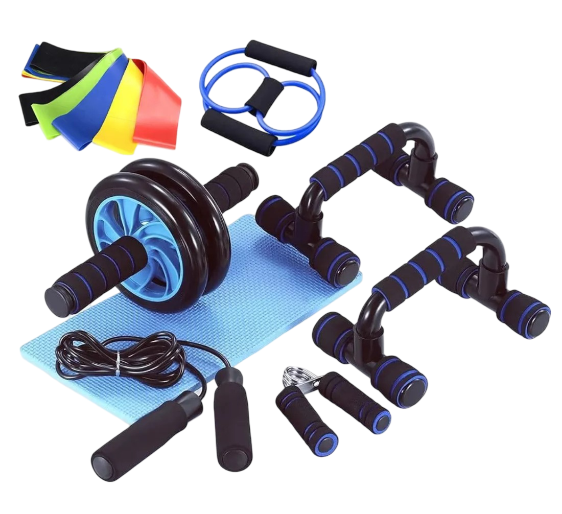 Kit de Ejercicio Azul 12 Rodillos Abdominal Barras Push-up