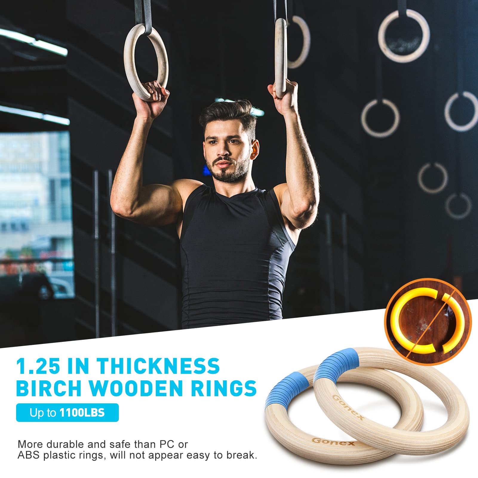 Foto 5 pulgar | Anillas De Gimnasia Gonex De Madera Con Correas Ajustables De 2,7 M - Venta Internacional.