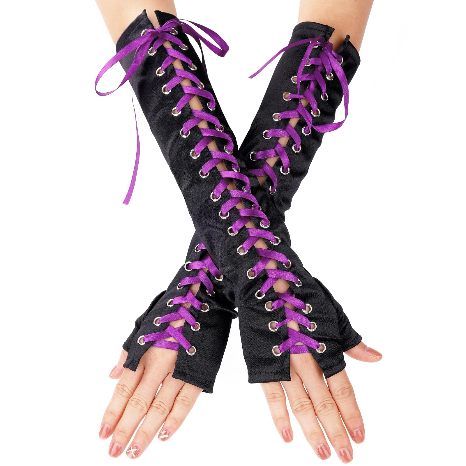 Foto 2 pulgar | Guantes De Satén Sin Dedos Con Cordones Hasta El Codo Para Mujer - Venta Internacional.