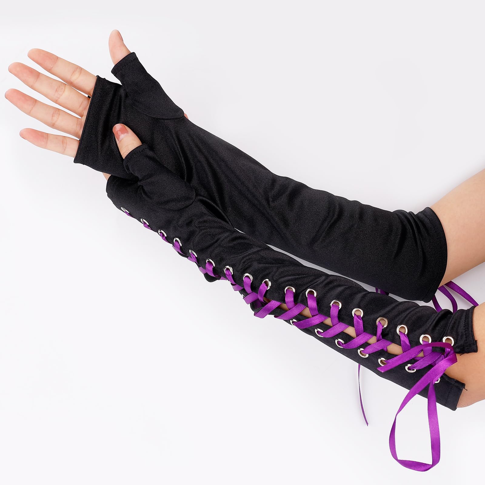 Foto 5 pulgar | Guantes De Satén Sin Dedos Con Cordones Hasta El Codo Para Mujer - Venta Internacional.