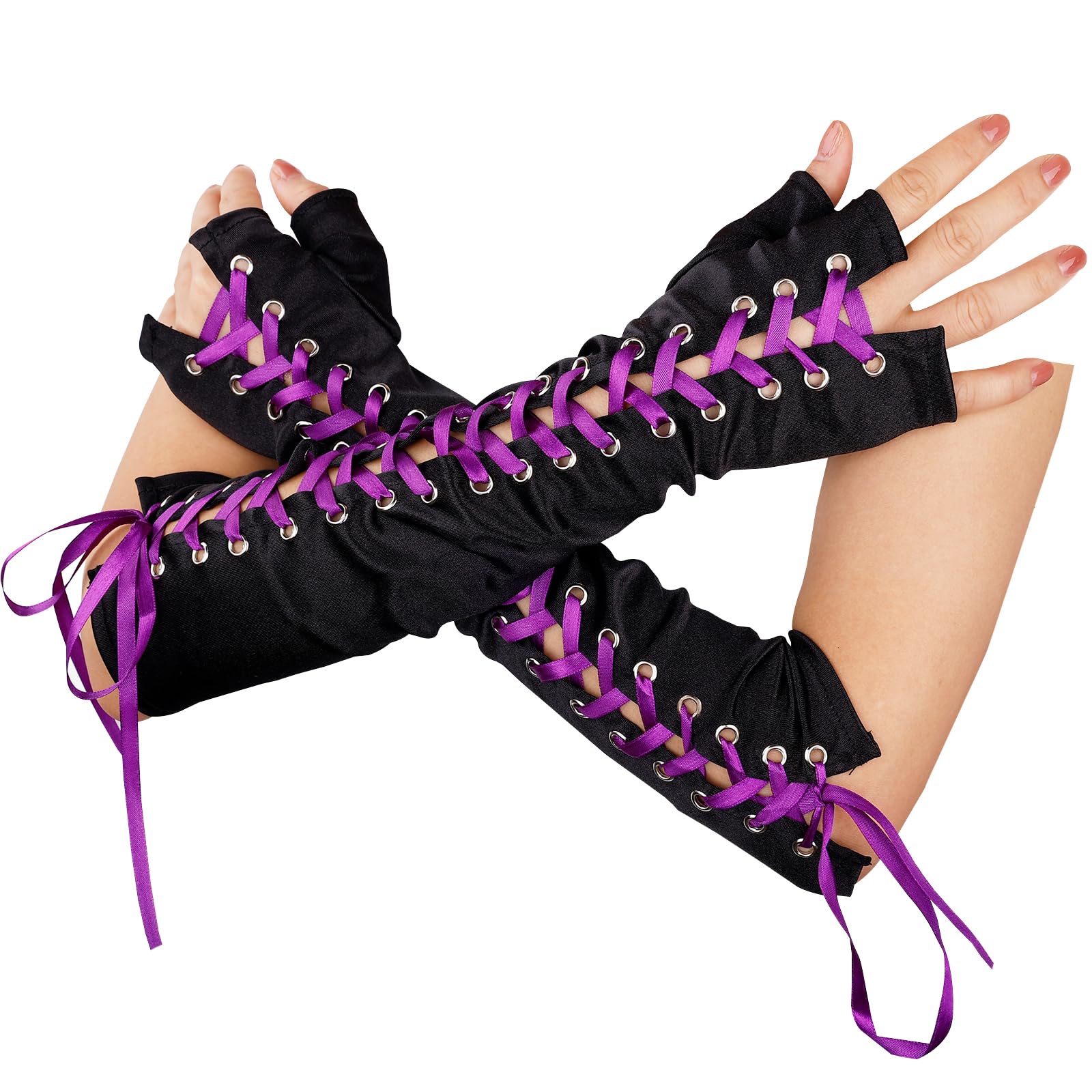 Foto 6 pulgar | Guantes De Satén Sin Dedos Con Cordones Hasta El Codo Para Mujer - Venta Internacional.