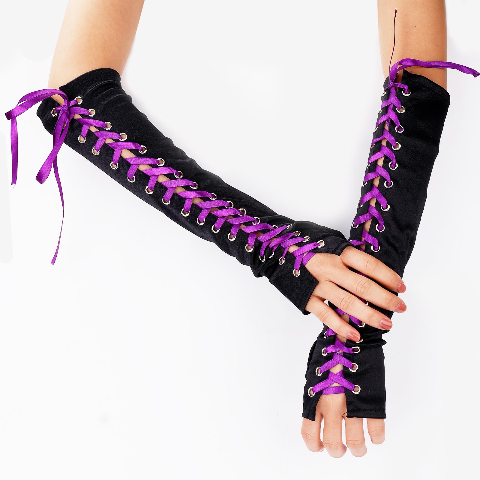 Foto 7 pulgar | Guantes De Satén Sin Dedos Con Cordones Hasta El Codo Para Mujer - Venta Internacional.