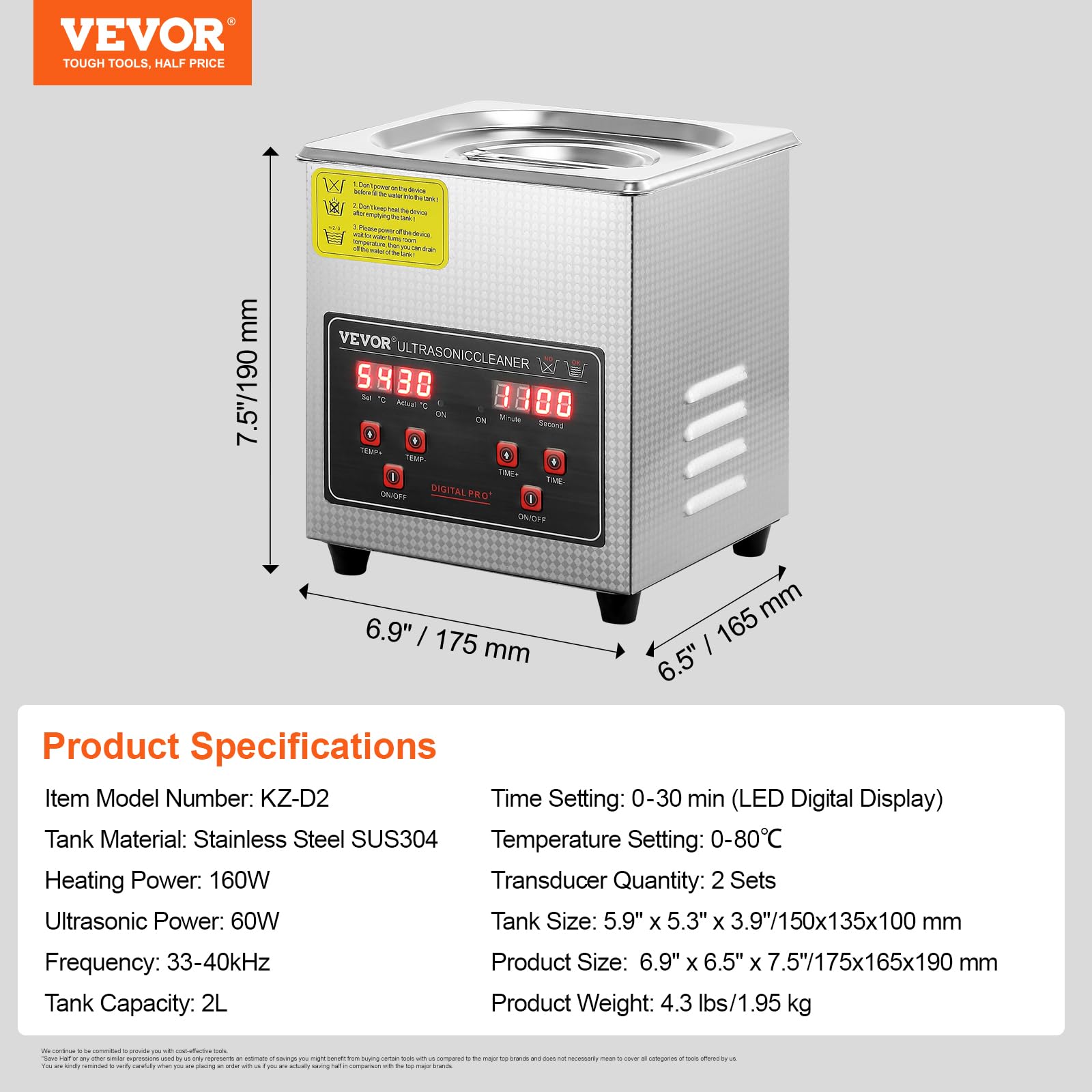 Foto 7 | Limpiador Sónico Vevor Professional Ultra Sonic De 2 Litros Con Temporizador Y Calentador - Venta Internacional.